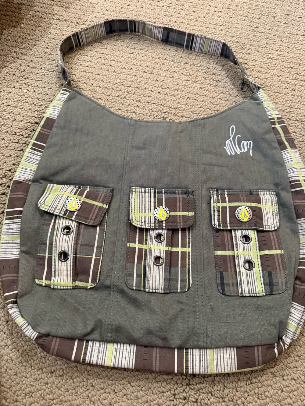 Y2K Volcom Green Plaid Pocket Hobo Bag with Accent Trim